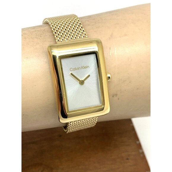 Calvin Klein Women's Watch Silver Dial Quartz Gold Mesh Steel Band Tank … - Picture 10 of 13